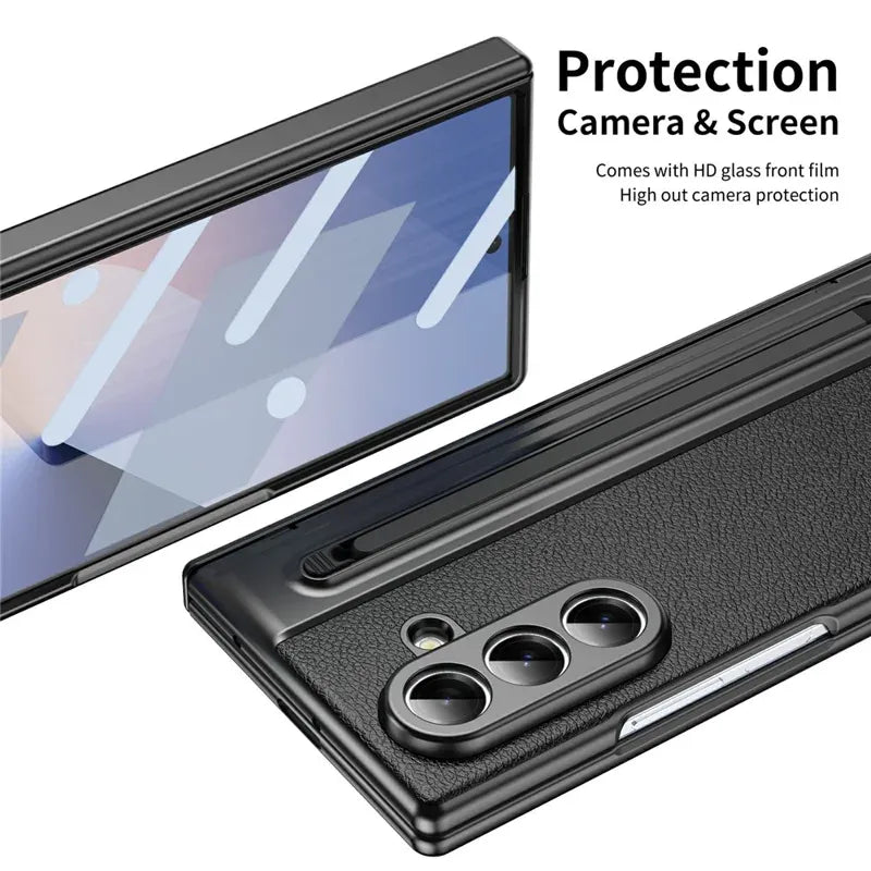 Samsung Galaxy Z Fold7 Plating Leather Case with Stylus & Glass Protection - Black