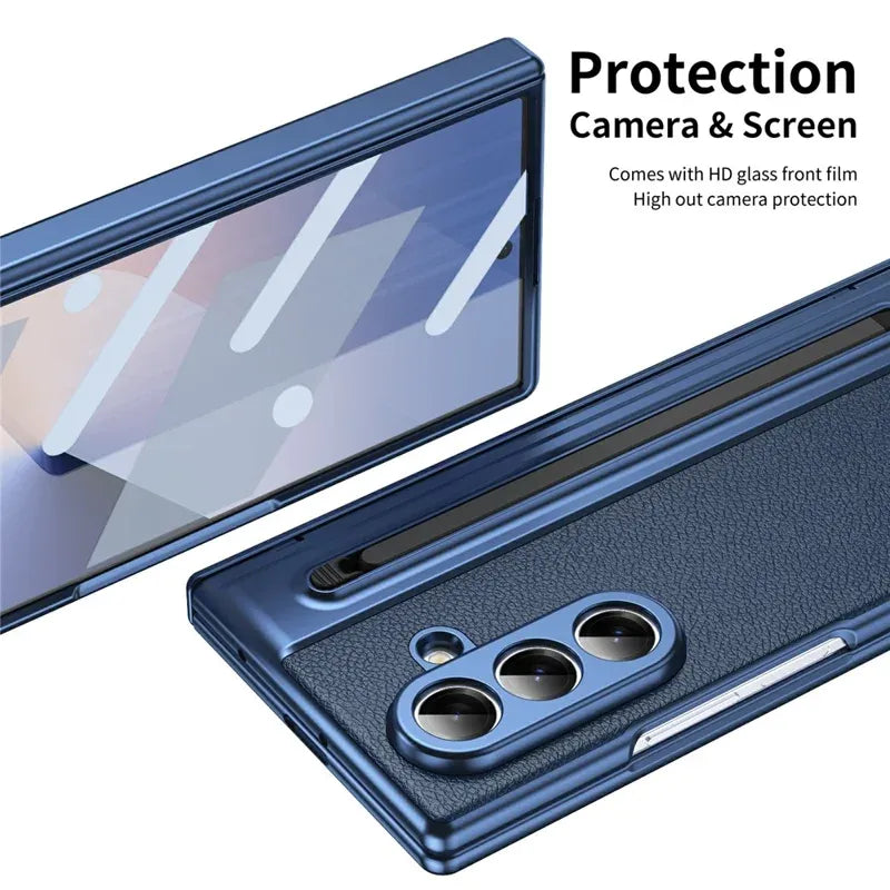 Samsung Galaxy Z Fold7 Plating Leather Case with Stylus & Glass Protection - Blue