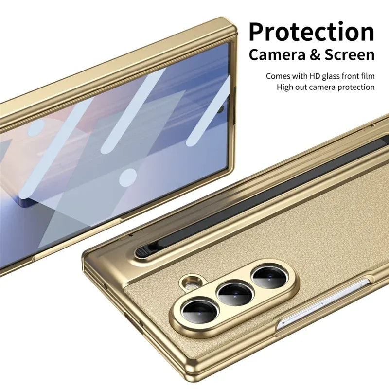 Samsung Galaxy Z Fold7 Plating Leather Case with Stylus & Glass Protection - Gold