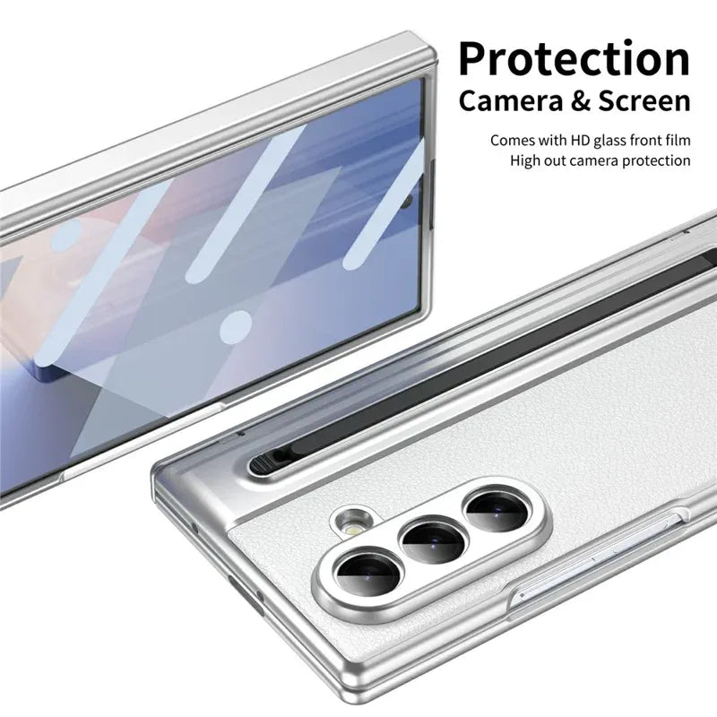 Samsung Galaxy Z Fold7 Plating Leather Case with Stylus & Glass Protection - White