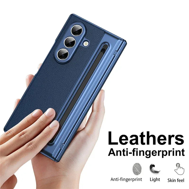 Samsung Galaxy Z Fold7 Plating Leather Case with Stylus & Glass Protection - Blue