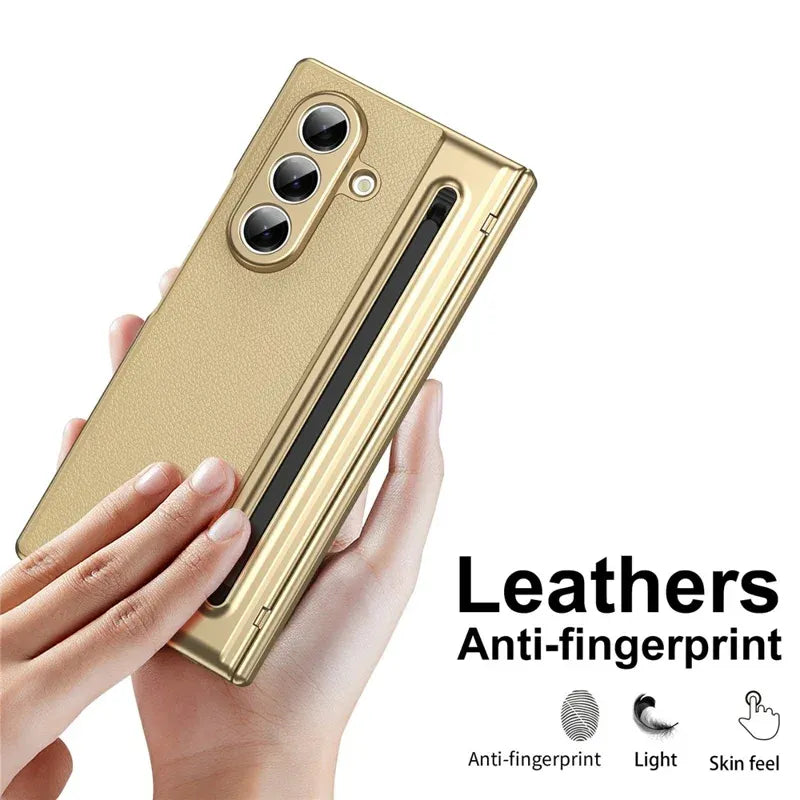 Samsung Galaxy Z Fold7 Plating Leather Case with Stylus & Glass Protection - Gold