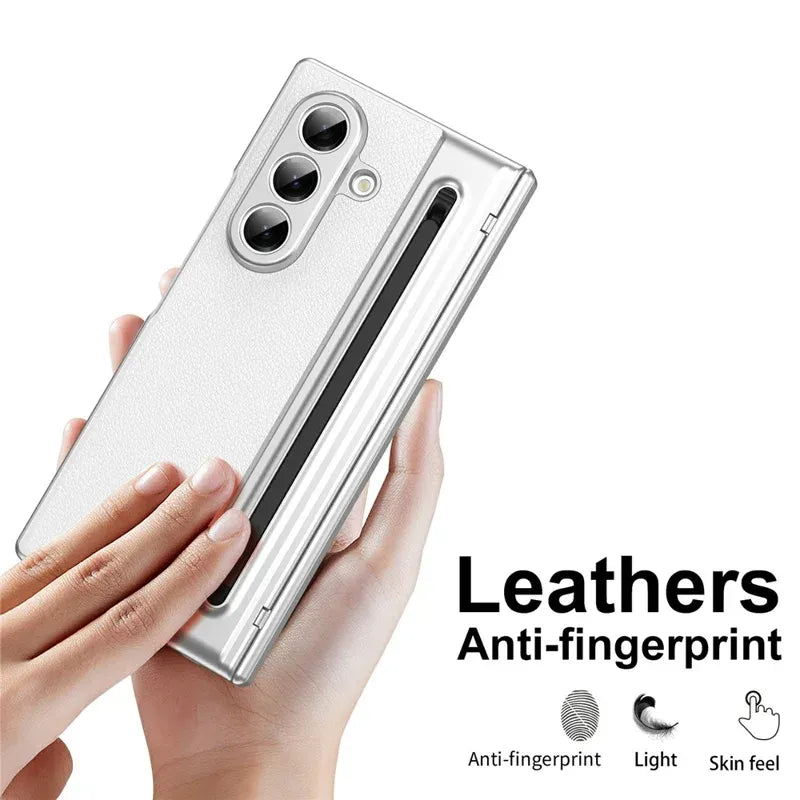 Samsung Galaxy Z Fold7 Plating Leather Case with Stylus & Glass Protection - White