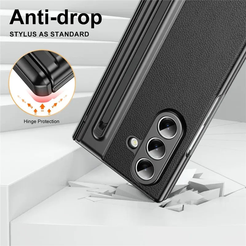 Samsung Galaxy Z Fold7 Plating Leather Case with Stylus & Glass Protection - Black