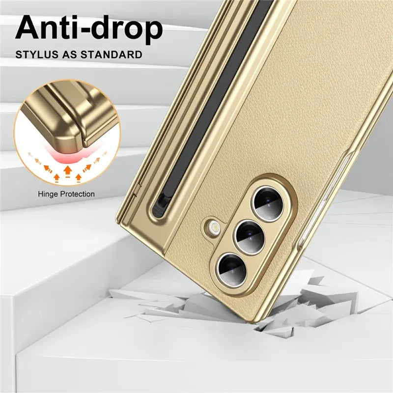 Samsung Galaxy Z Fold7 Plating Leather Case with Stylus & Glass Protection - Gold