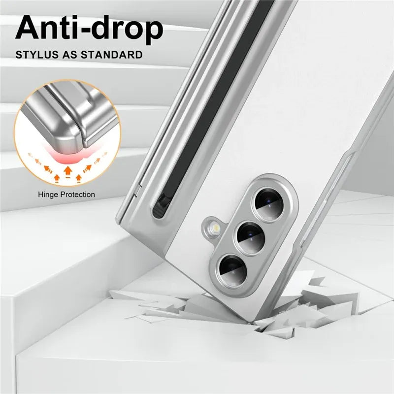 Samsung Galaxy Z Fold7 Plating Leather Case with Stylus & Glass Protection - White