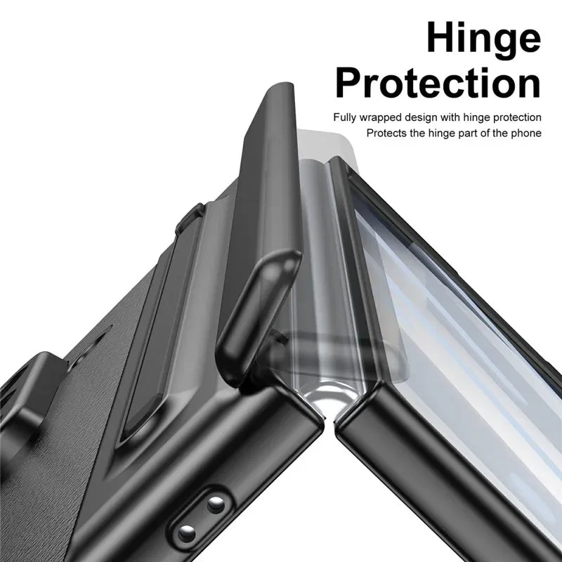 Samsung Galaxy Z Fold7 Plating Leather Case with Stylus & Glass Protection - Black