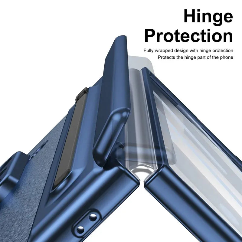 Samsung Galaxy Z Fold7 Plating Leather Case with Stylus & Glass Protection - Blue