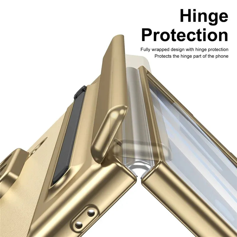 Samsung Galaxy Z Fold7 Plating Leather Case with Stylus & Glass Protection - Gold