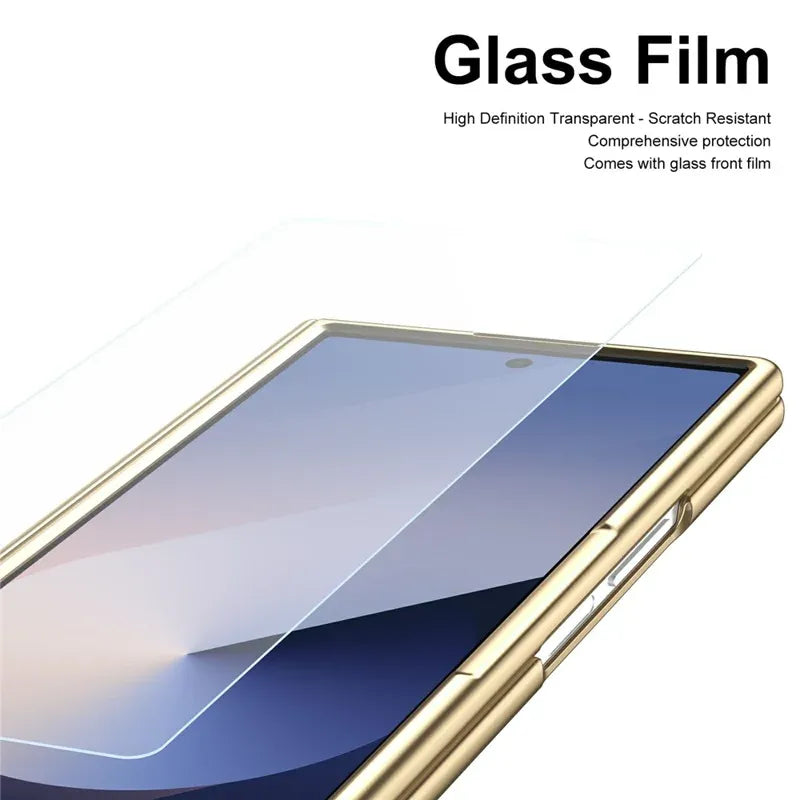Samsung Galaxy Z Fold7 Plating Leather Case with Stylus & Glass Protection - Gold