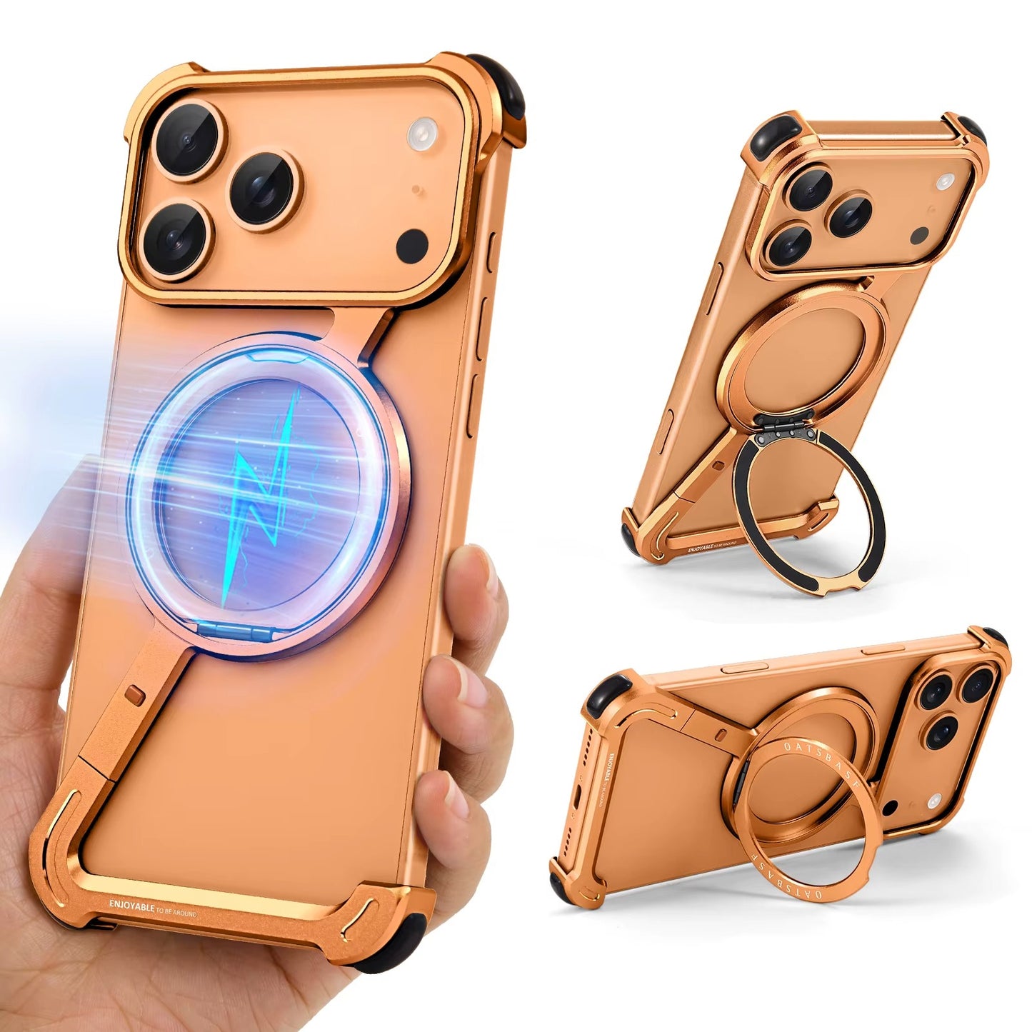 iPhone 17 Pro Z Shape Frameless Metal Bumper Case with 360° Rotatable Stand & Magsafe - Orange
