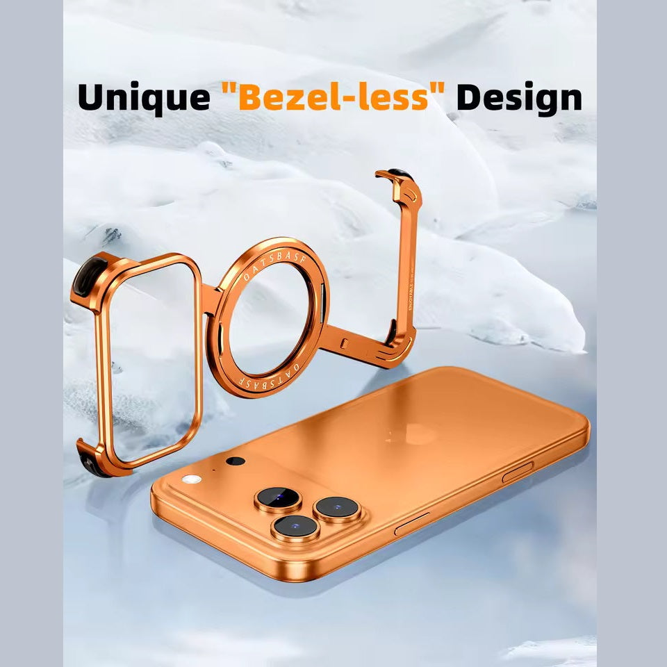 iPhone 17 Pro Z Shape Frameless Metal Bumper Case with 360° Rotatable Stand & Magsafe - Orange