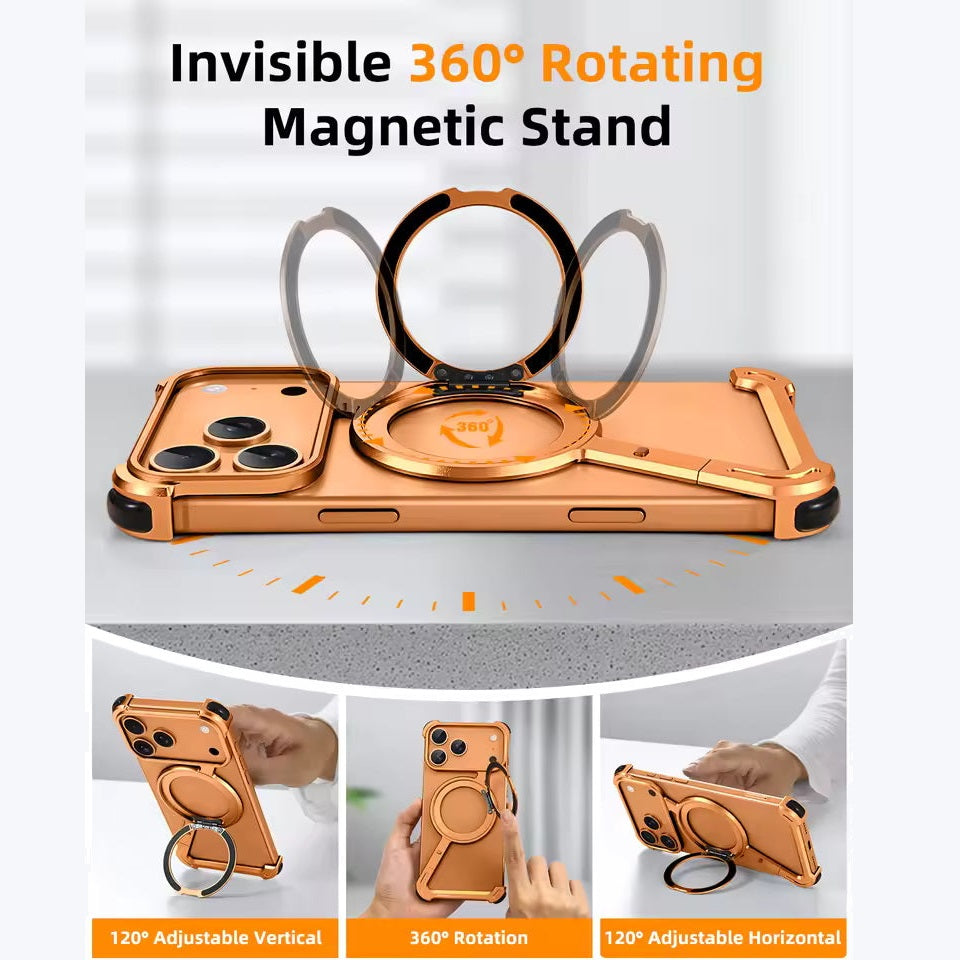 iPhone 17 Pro Z Shape Frameless Metal Bumper Case with 360° Rotatable Stand & Magsafe - Orange