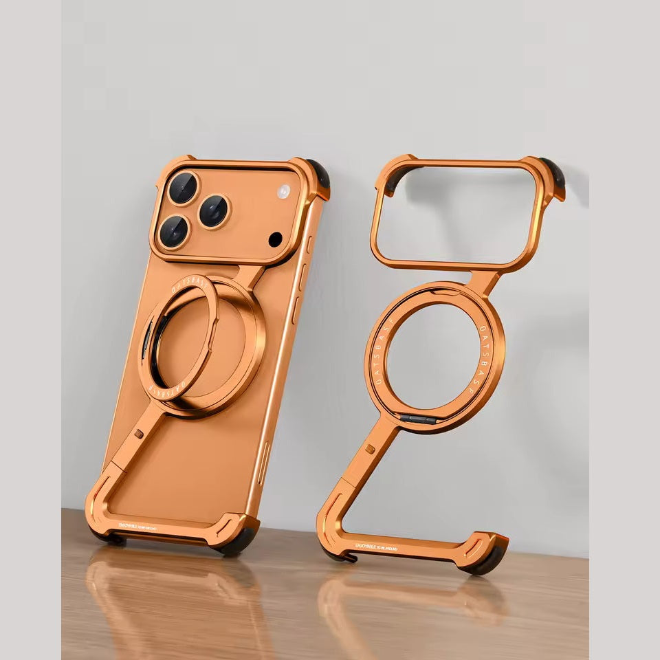 iPhone 17 Pro Z Shape Frameless Metal Bumper Case with 360° Rotatable Stand & Magsafe - Orange