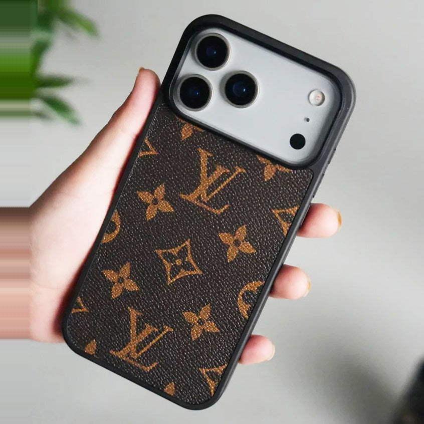 iPhone 17 Pro Max Luxury LV Leather Back Cover Case - Brown