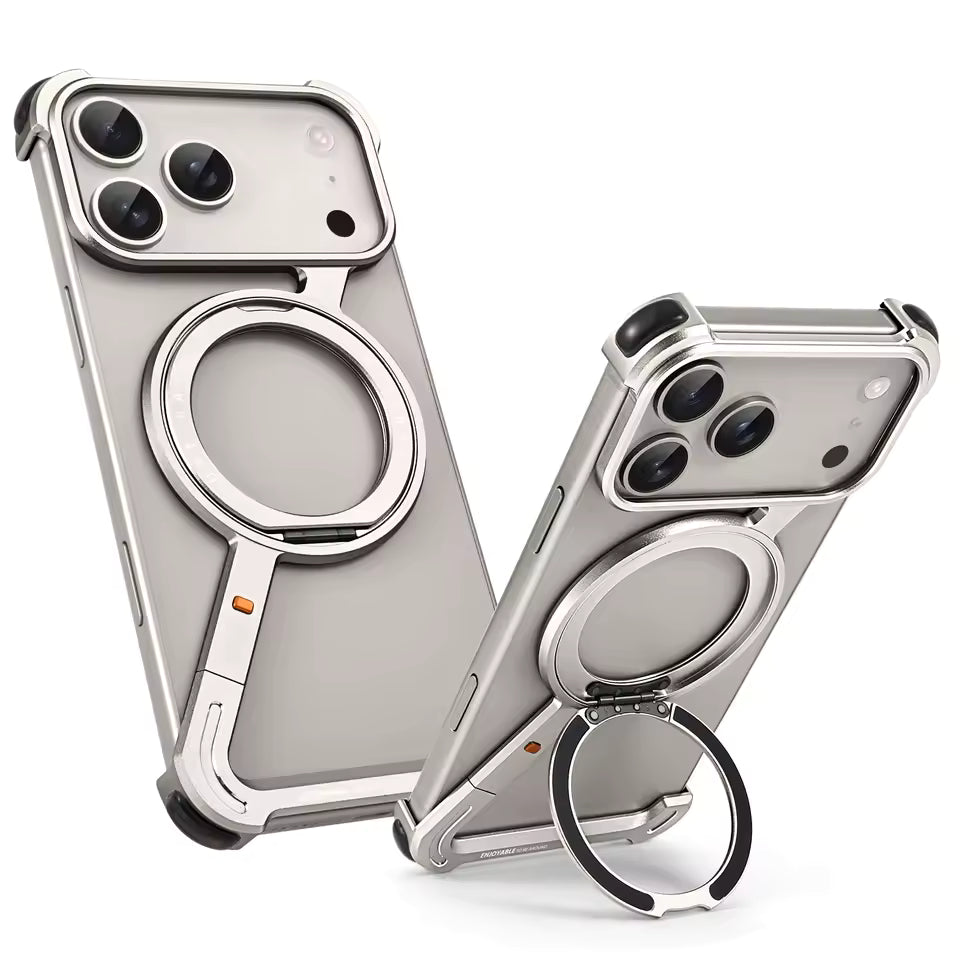 iPhone 17 Pro Max Z Shape Frameless Metal Bumper Case with 360° Rotatable Stand & Magsafe - Titanium