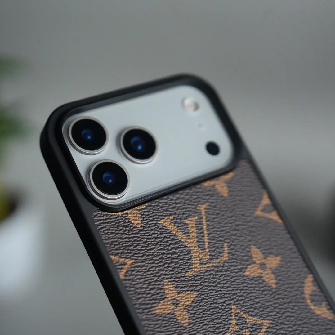 iPhone 17 Pro Max Luxury LV Leather Back Cover Case - Brown
