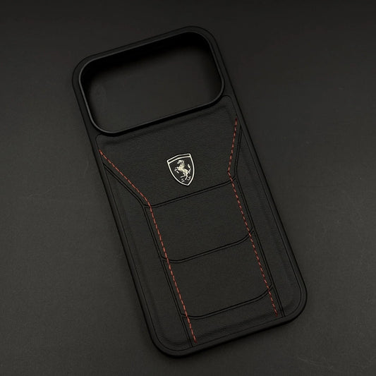 iPhone 17 Pro Max Leather Cover Ferrari Sports Stitched Leather Case - Black