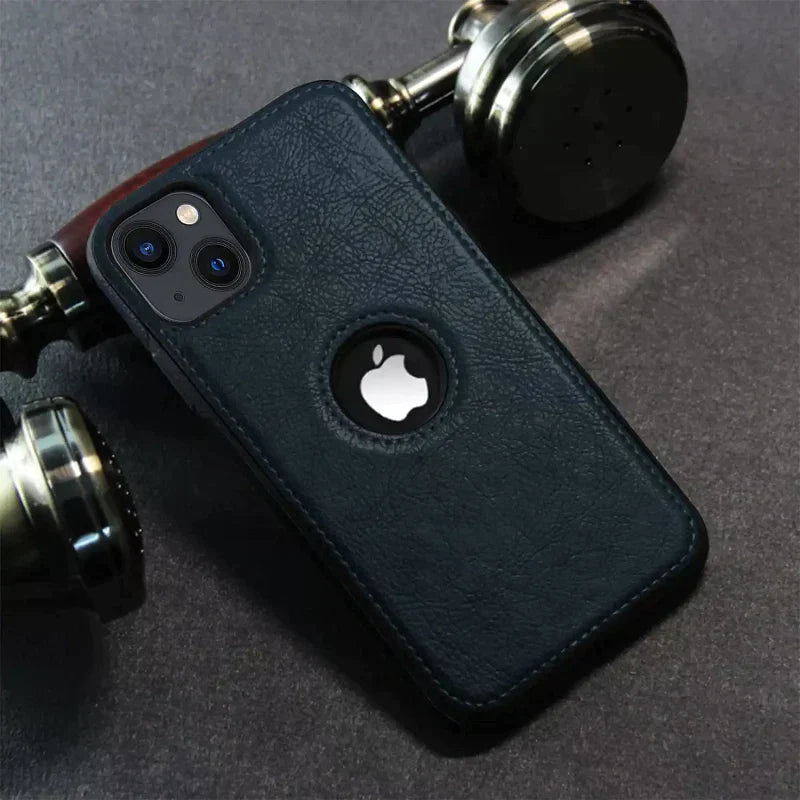 iPhone 14 Plus Classic Luxury Elegant PU Leather Case Cover with Logo Cut - Blue