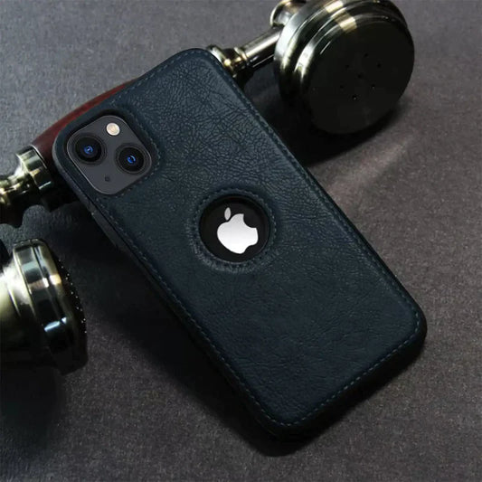 iPhone 14 Plus Classic Luxury Elegant PU Leather Case Cover with Logo Cut - Blue
