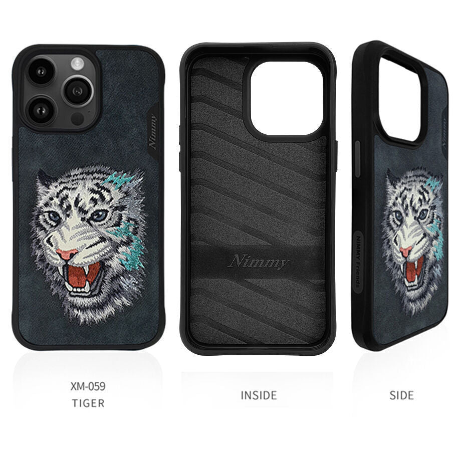 iPhone 15 Nimmy Embroidery TPU+PU Leather Shockproof Dazzling Series-Tiger