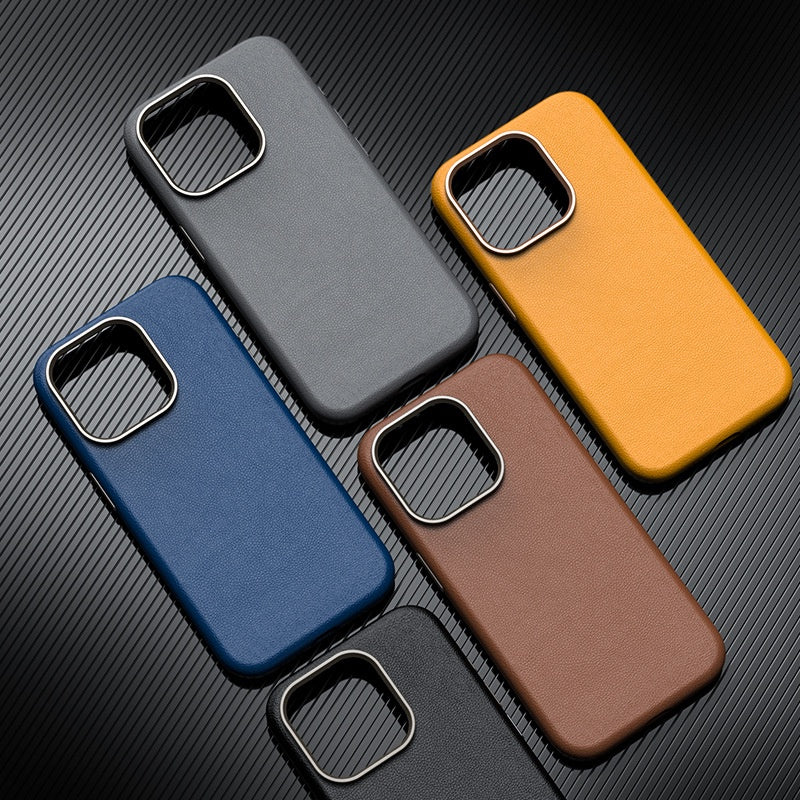 iPhone 15 Pro Max Genuine Leather Case Luxury Business Style Back Cover Case - Black