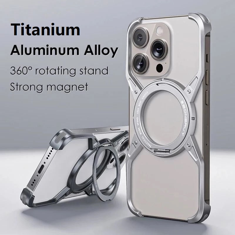 iPhone 16 Pro Max Metal Alloy X Shape Bumper Case with Magsafe Rotating Stand Silver
