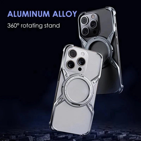 iPhone 16 Pro Metal Alloy X Shape Bumper Case with Magsafe & Rotating Stand - Gray