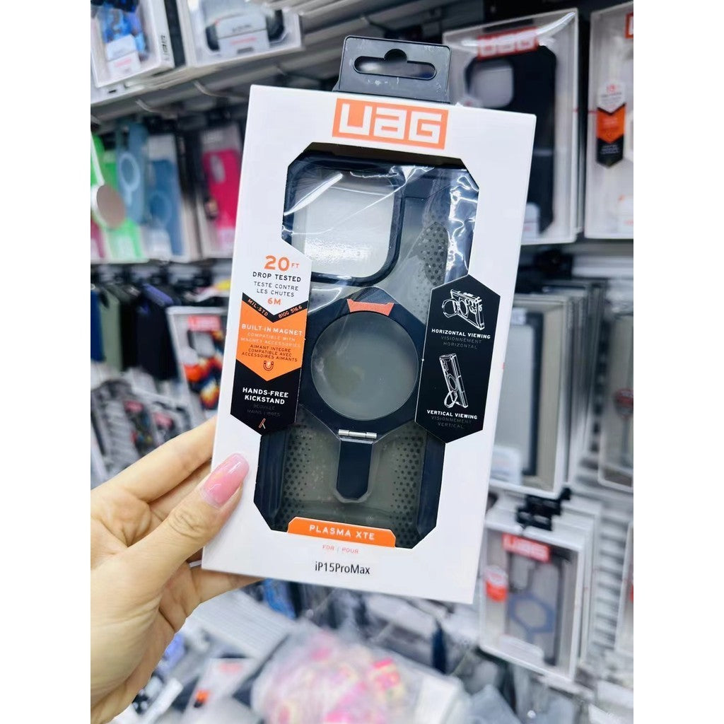 iPhone 15 UAG Plasma XTE Rugged Armor with MagSafe & Metal Kickstand - Black Ash