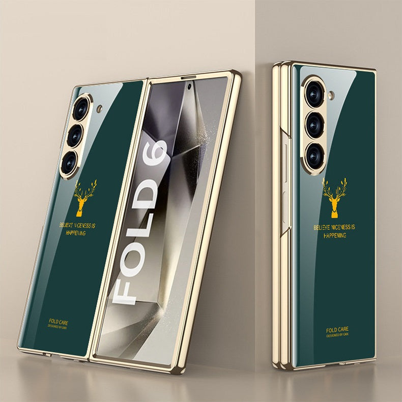 Samsung Galaxy Z Fold 6 Luxury Gold Plating Deer Glass Case - Green
