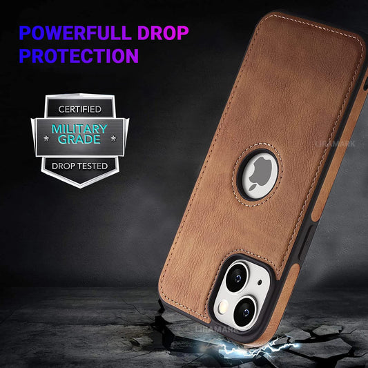 iPhone 14 Max Classic Luxury Elegant PU Leather Case Cover with Logo Cut - Brown