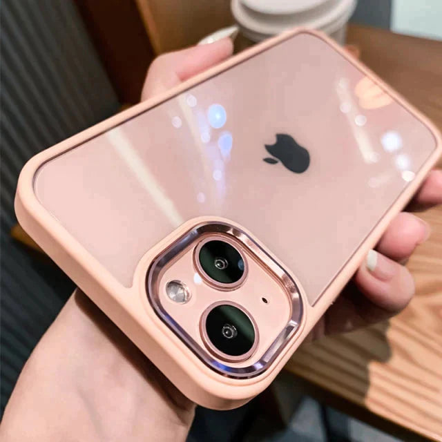 iPhone 14 Max Soft Hybrid Transparent Metal Camera Protection Case - Pink