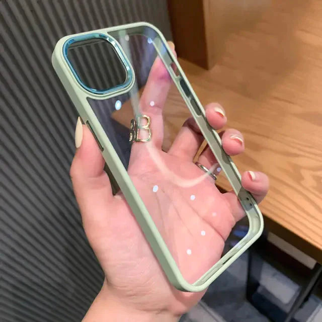 iPhone 14 Soft Hybrid Transparent Metal Camera Protection Case - Mint Green