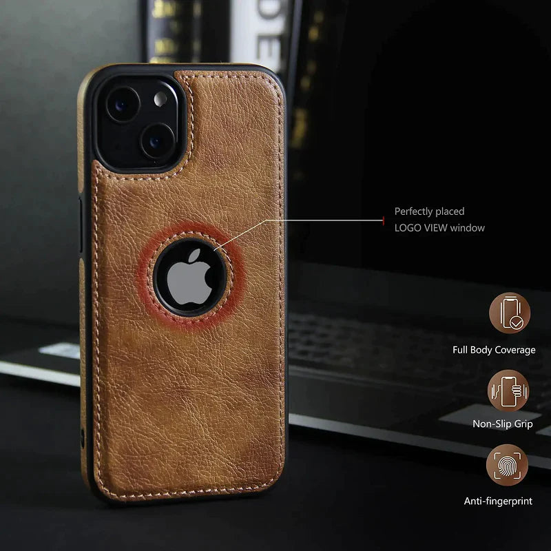 iPhone 14 Classic Luxury Elegant PU Leather Case Cover with Logo Cut - Brown