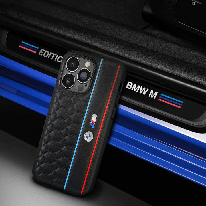 iPhone 15 Pro Max Leather BMW M Performance Logo Dual Shade Leather Case