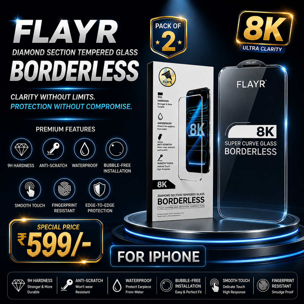8K Borderless Tempered Glass Ultra-Clear Edge-to-Edge Protection for iPhones - Pack of 2