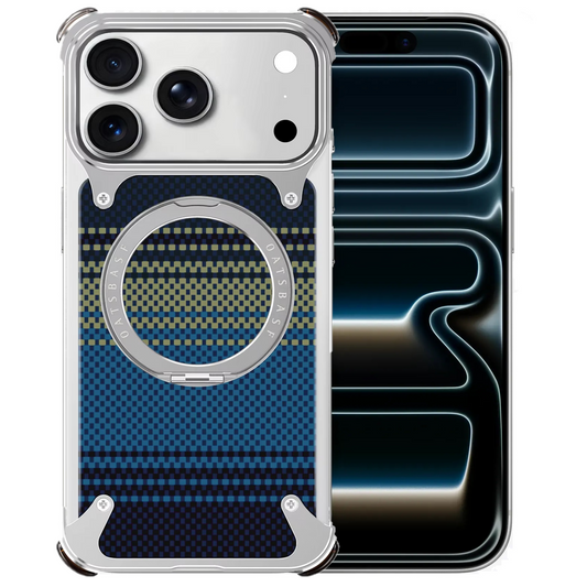iPhone 17 Pro Max Titan Carbon Metal Frame Case with 360 Roatating Ring - Blue