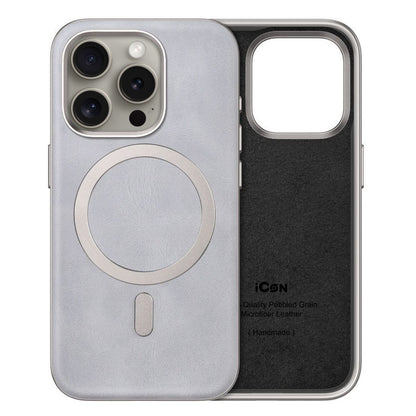 iPhone 15 Pro Max Leather Magsafe Case with Metal Ring - Gray