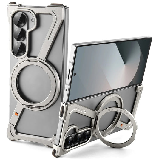 Samsung Galaxy Z Fold 6 Luminous Metal Z Shape framless Bumper with Built-in Magsafe & 360° Rotation Holder - Titanium