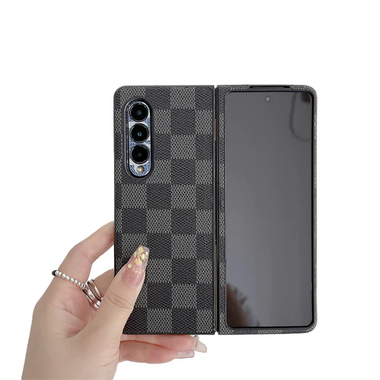 Samsung Galaxy Z Fold 3 Check Pattern Leather Back Case-Black