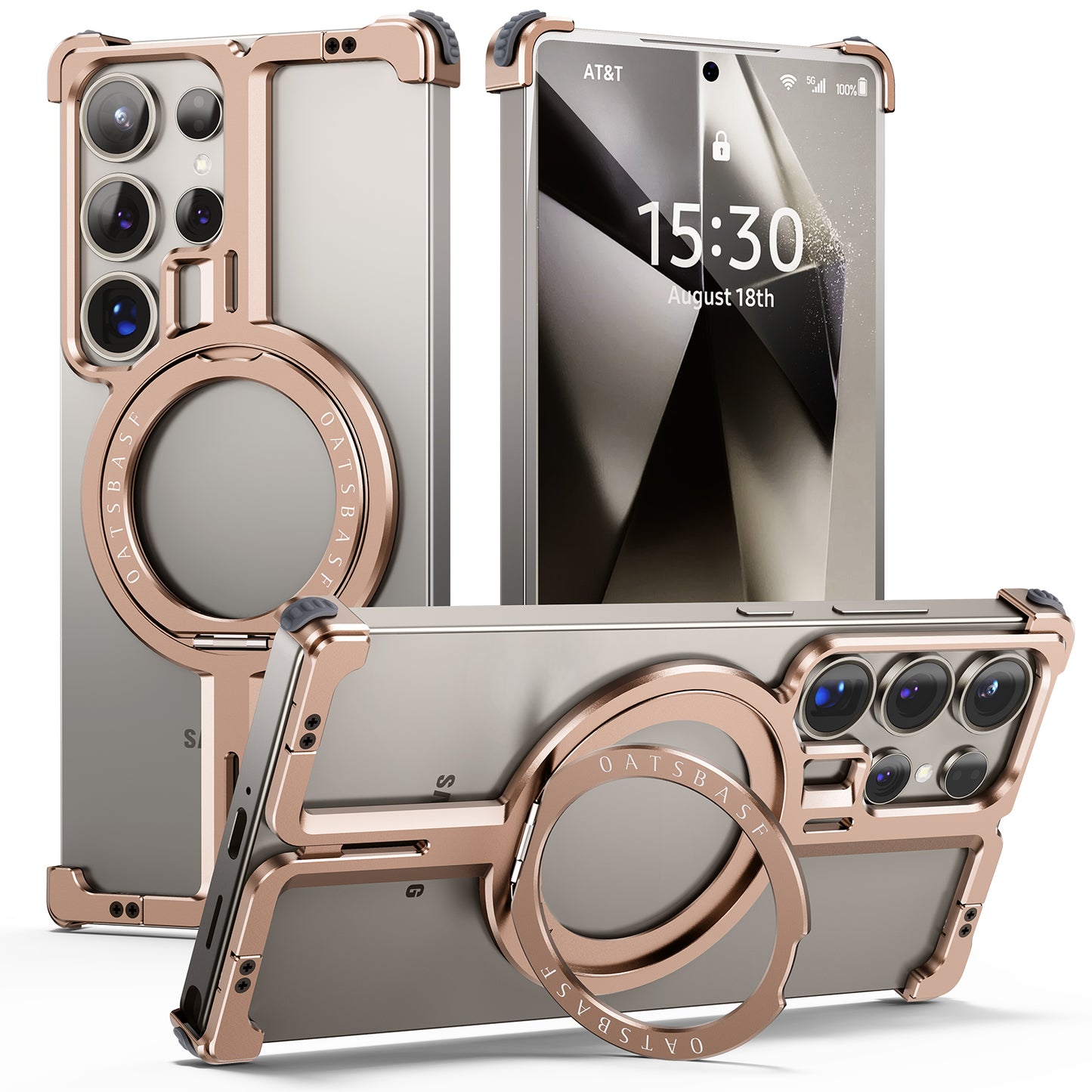 Samsung Galaxy S25 Ultra Frameless Metal Shockproof Bumper Case with Magsafe & 360° Rotatable Ring Kickstand - Desert