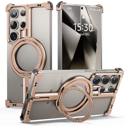 Samsung Galaxy S25 Ultra Frameless Metal Shockproof Bumper Case with Magsafe & 360° Rotatable Ring Kickstand - Desert