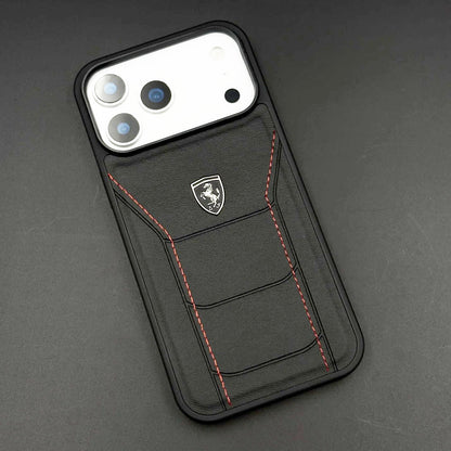 iPhone 17 Pro Leather Back Cover Ferrari Sports Stitched Leather Case - Black