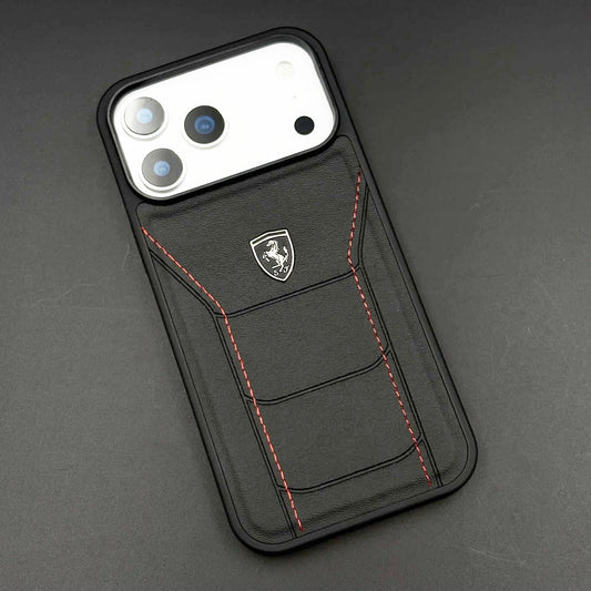 iPhone 17 Pro Max Leather Cover Ferrari Sports Stitched Leather Case - Black