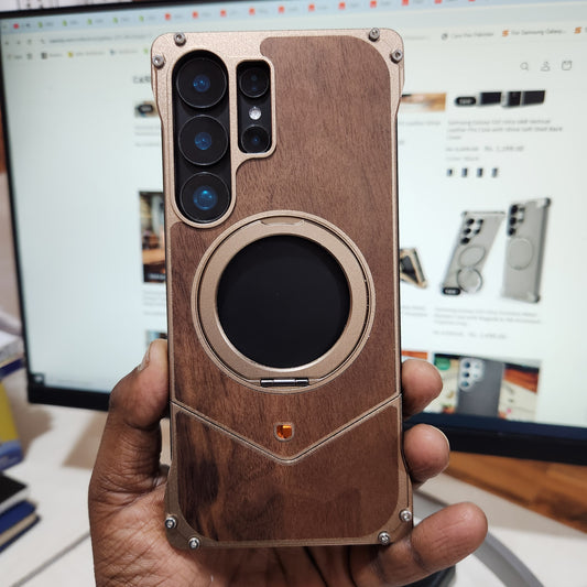 Samsung Galaxy S25 Ultra Framless Wooden Metal Bumper Case with Magsafe & 360 Stand - Brown