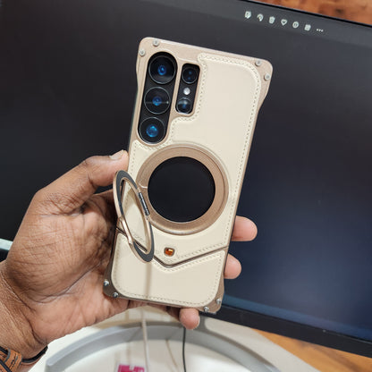 Samsung Galaxy S25 Ultra Framless Leather Metal Bumper Case with Magsafe & 360 Stand - Desert