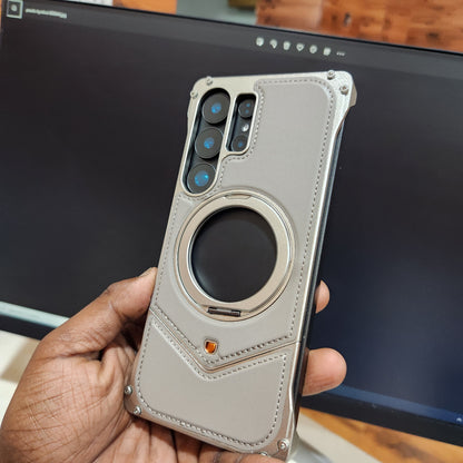 Samsung Galaxy S25 Ultra Framless Leather Metal Bumper Case with Magsafe & 360 Stand - Titanium Gray