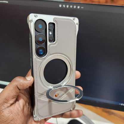 Samsung Galaxy S25 Ultra Framless Leather Metal Bumper Case with Magsafe & 360 Stand - Titanium Gray