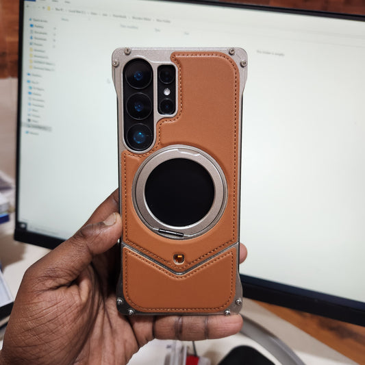 Samsung Galaxy S25 Ultra Framless Leather Metal Bumper Case with Magsafe & 360 Stand - Brown