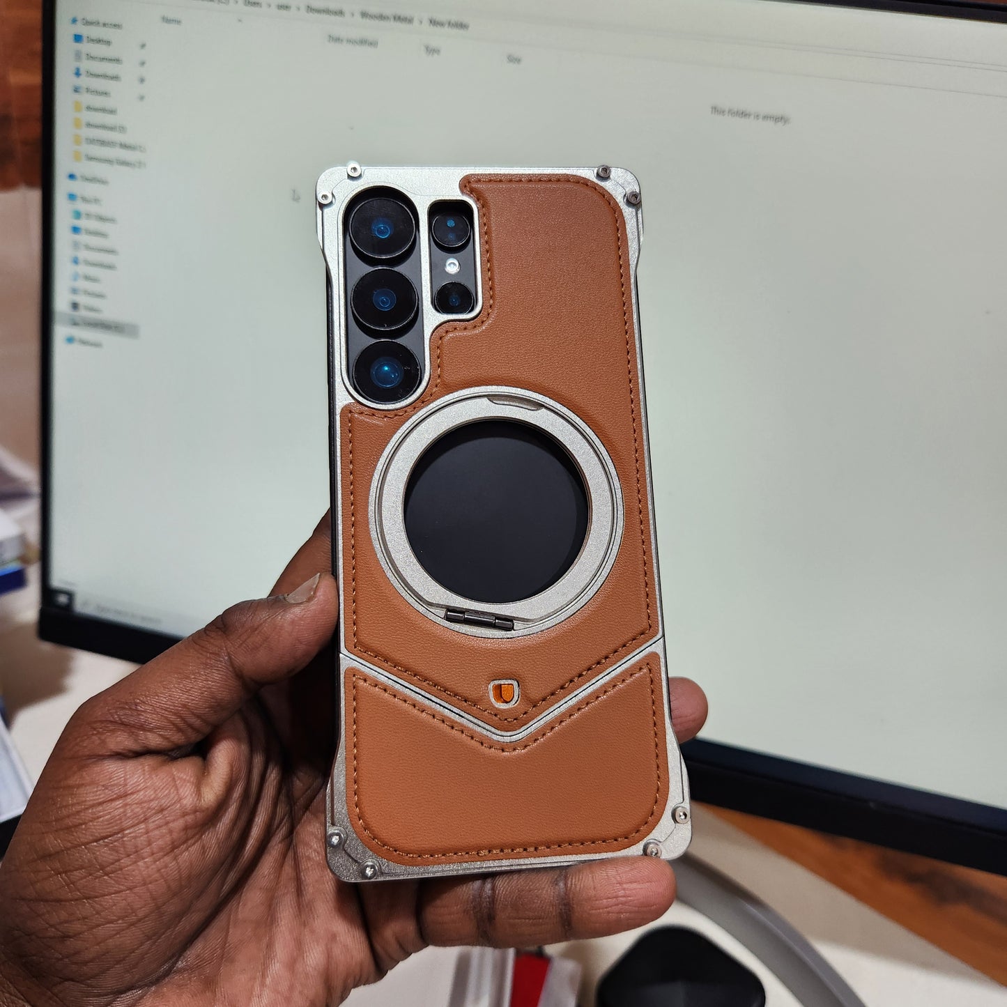Samsung Galaxy S25 Ultra Framless Leather Metal Bumper Case with Magsafe & 360 Stand - Brown